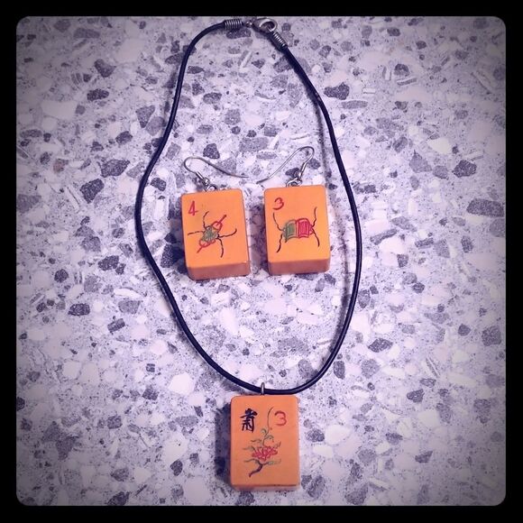 VTG 90s Mahjong Necklace & Earring Set - Picture 1 of 8